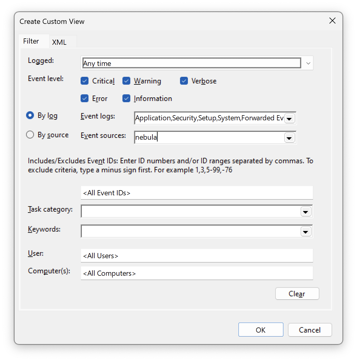 Custom events viewer form showing nebula entered within the Source field