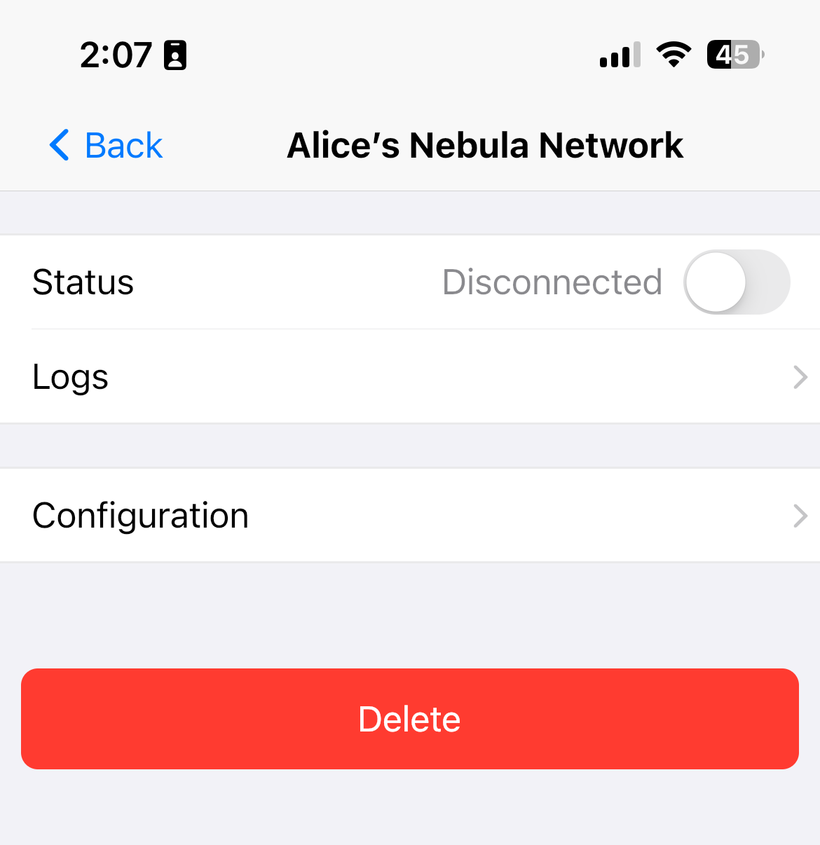 Nebula site details page in the mobile app, shows a 'Logs' option third from the top